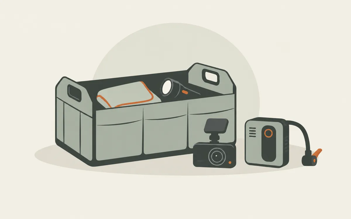 Ilustrasi organizer but berisi kain dan lampu suluh, dengan dashcam serta pam tayar di hadapan.