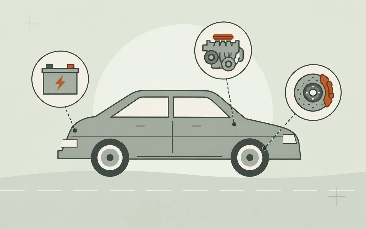 Ilustrasi kereta dengan paparan berasingan komponen enjin, bateri dan cakera brek.