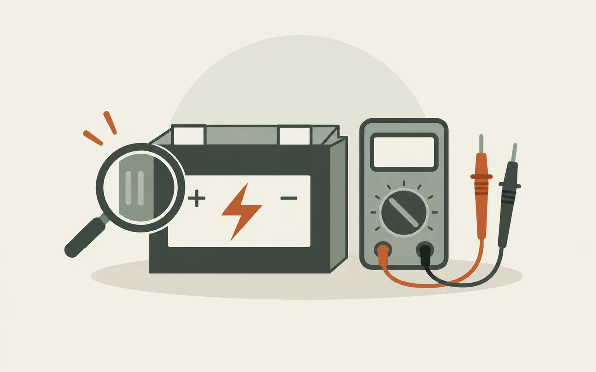 Ilustrasi bateri kereta, kanta pembesar dan multimeter dengan dua probe berasingan.