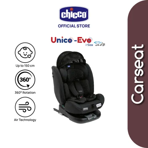 Gambar promosi Chicco Unico Evo Air i-Size hitam dengan kanopi dan tapak boleh putar.