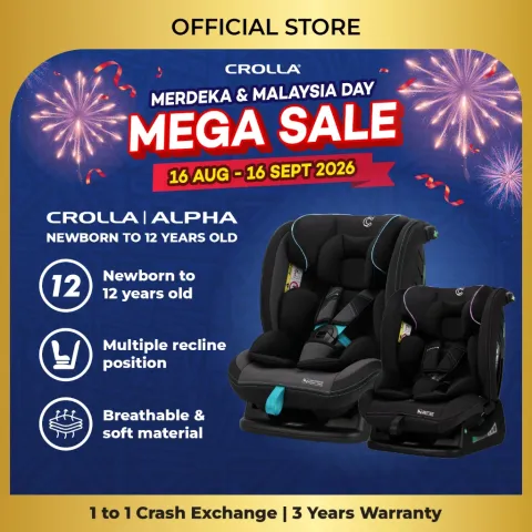 Gambar promosi penyenaraian Crolla Alpha yang menunjukkan dua warna kerusi dan kempen Malaysia Day.
