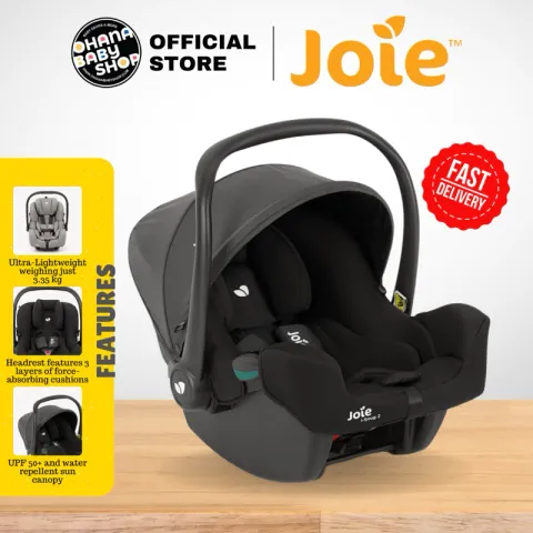 Gambar promosi Joie i-Snug 2 hitam dengan pemegang dan kanopi daripada Ohana Baby Shop.