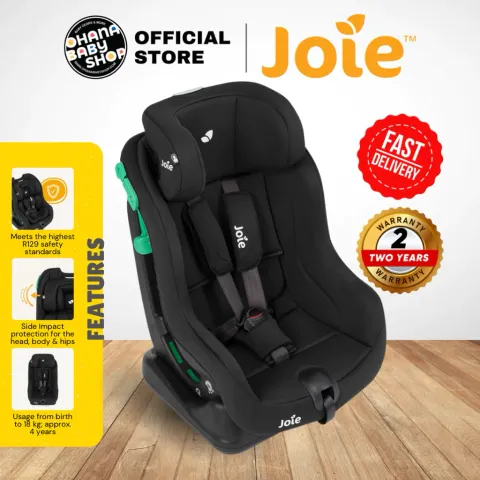 Gambar promosi Joie Steadi R129 hitam dengan harness daripada Ohana Baby Shop.