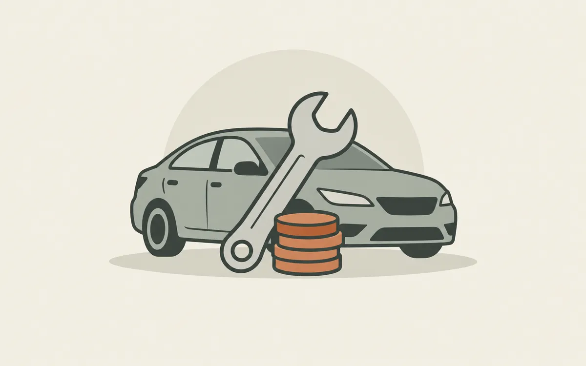 Ilustrasi kereta dengan sepana besar dan susunan syiling untuk menggambarkan bajet servis tahunan.