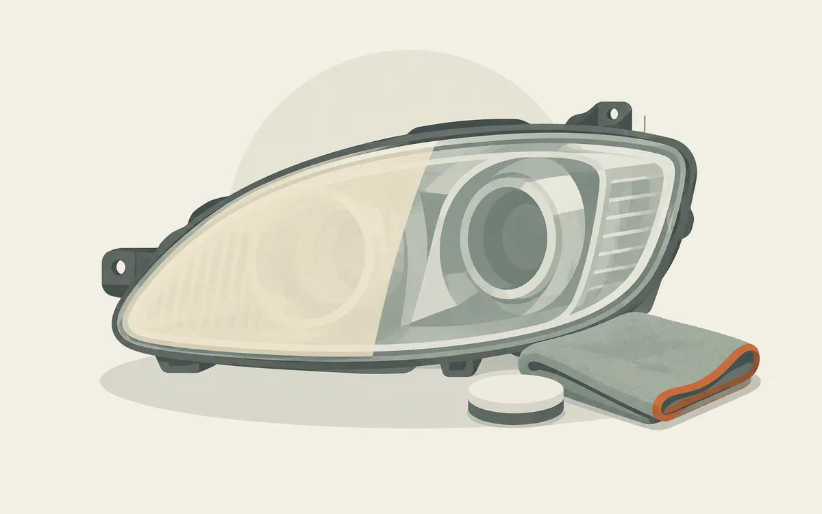 Ilustrasi lensa lampu kereta dengan bahagian kusam dan jernih, di sebelah kain mikrofiber serta pad sapuan.