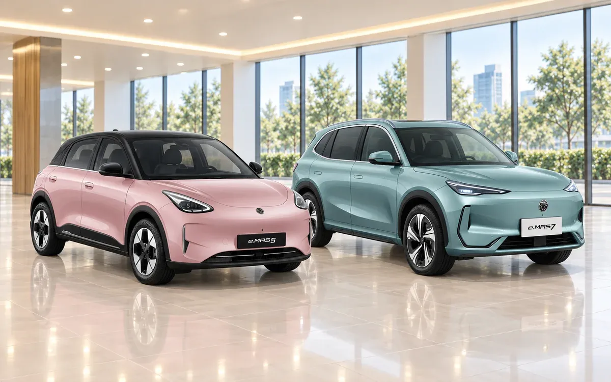 Proton e.MAS 5 merah jambu di kiri dan e.MAS 7 hijau kebiruan di kanan, dipaparkan bersebelahan dalam bilik pameran.