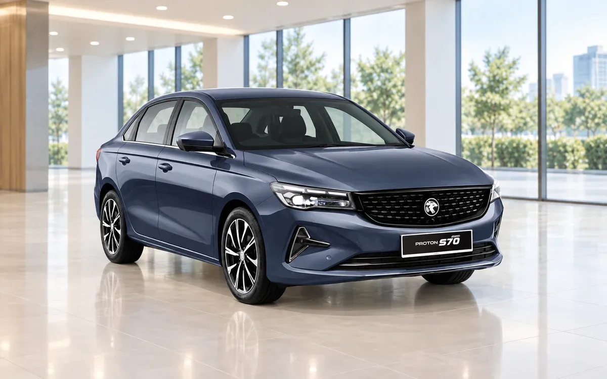 Proton S70 biru dari sudut hadapan tiga suku dengan latar bilik pameran cerah.