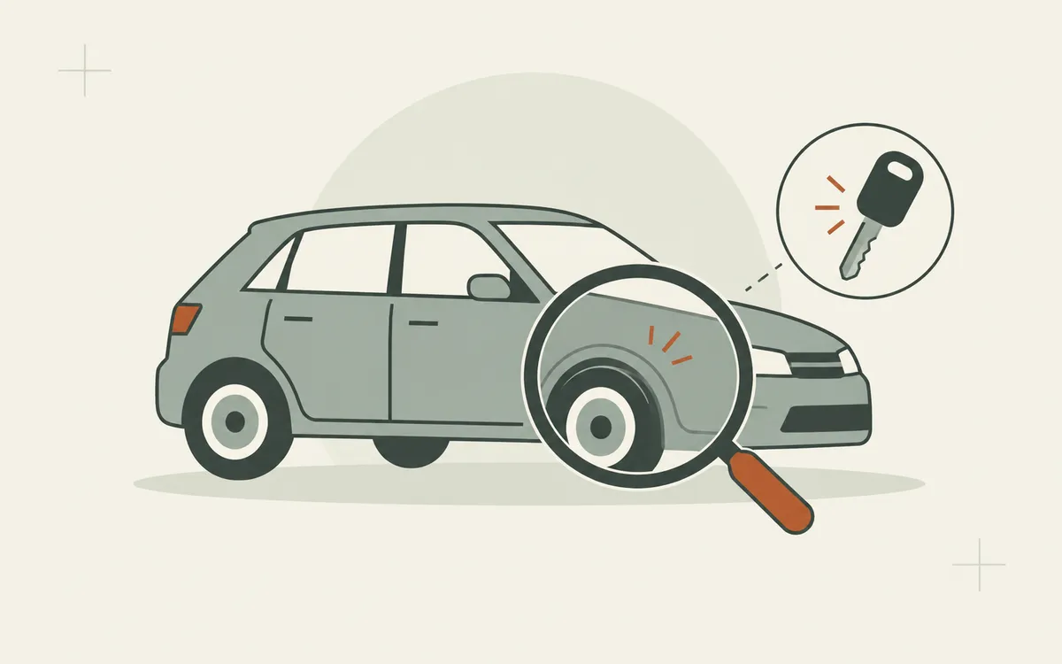 Ilustrasi kereta kelabu kehijauan dengan kanta pembesar pada bahagian roda hadapan dan kunci kereta.